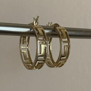 Silver 925 Hoop Earrings Vintage Greek Key Large Round Gold Tone